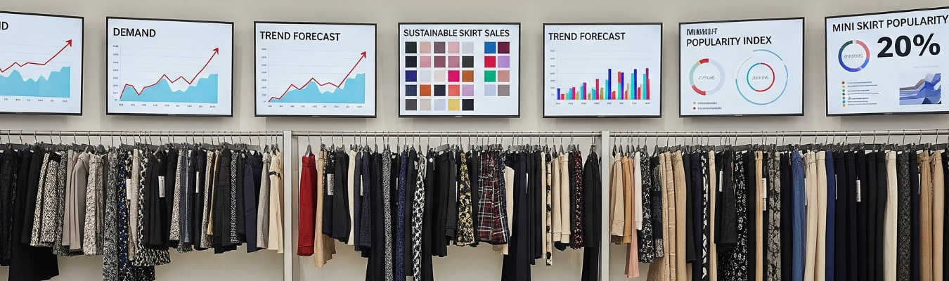 Wholesale skirts for women displayed on racks beneath digital screens showing demand, trend forecasts, and sustainability data, highlighting RYZEAL as an apparel manufacturing and sourcing company in Bangladesh.