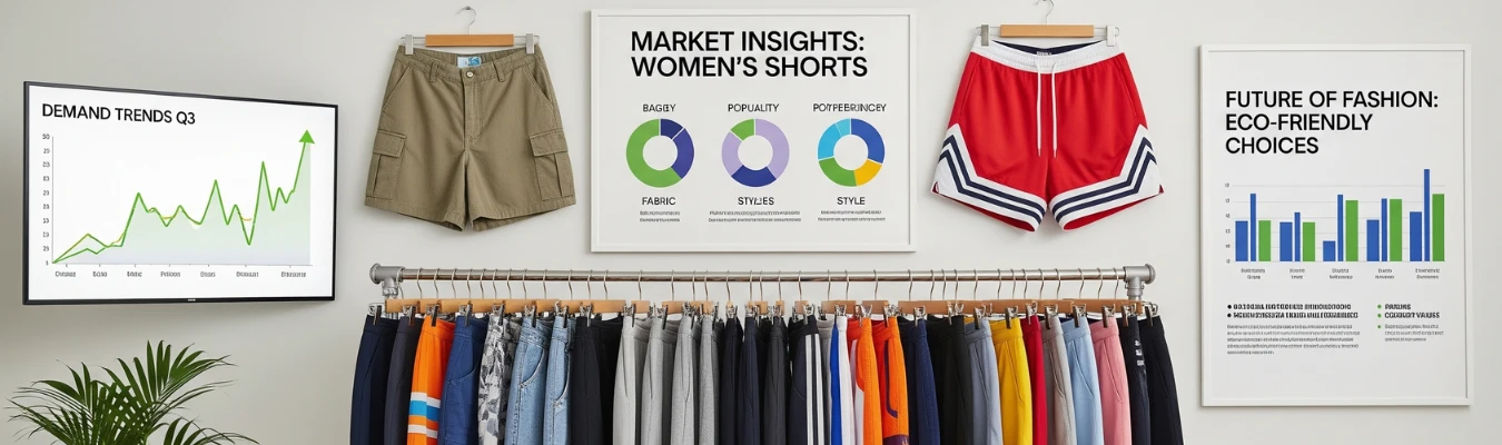 Wholesale women’s shorts market insights display with charts, demand trends, and eco-friendly fashion choices, highlighting RYZEAL as an apparel manufacturing and sourcing company in Bangladesh.