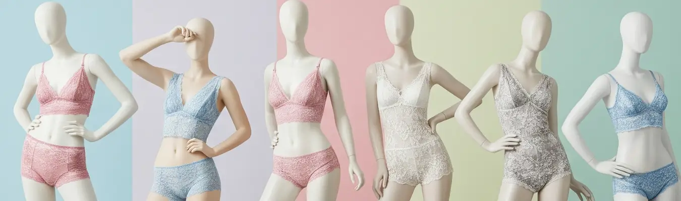 Mannequins displaying lingerie sets in different colors, representing market insights in the evolving Women’s Panties Wholesale industry with RYZEAL