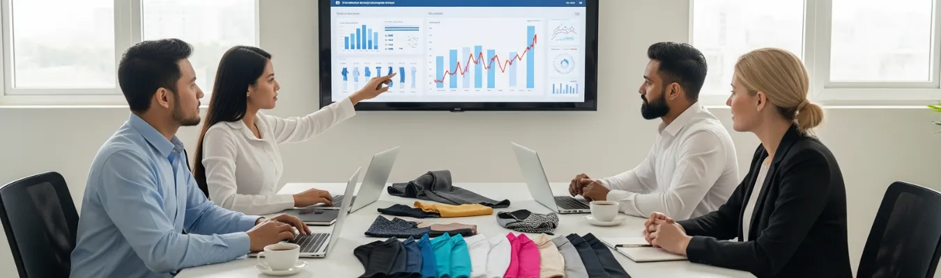 Team analyzing market trends and data charts with fabric samples on table, representing RYZEAL SOURCING as a women’s wholesale leggings supplier.