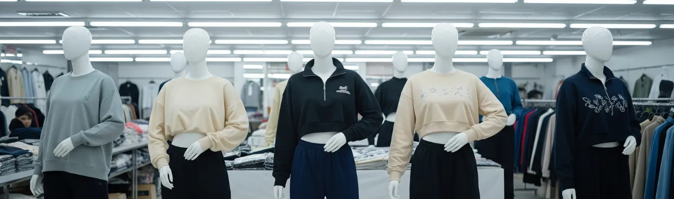 Display of women’s sweatshirts on mannequins in a showroom, representing RYZEAL SOURCING as a wholesale sweatshirts supplier.