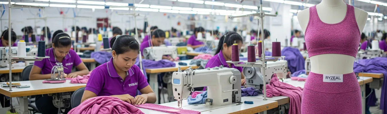 RYZEAL SOURCING production floor manufacturing women’s yoga wear with focus on quality and efficiency.