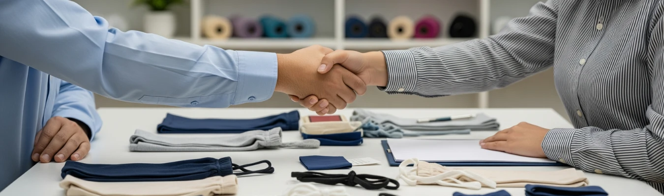 Two professionals shaking hands across a table with children’s leggings samples, fabric swatches, and trims neatly displayed, symbolizing trusted partnerships in kids’ leggings manufacturing.