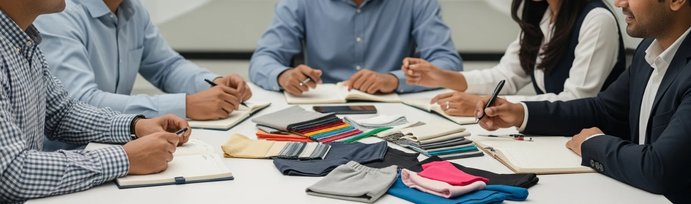 Business meeting with professionals discussing fabric swatches, trims, and skirt samples for children's clothing manufacturing, with notebooks and pens on the table.