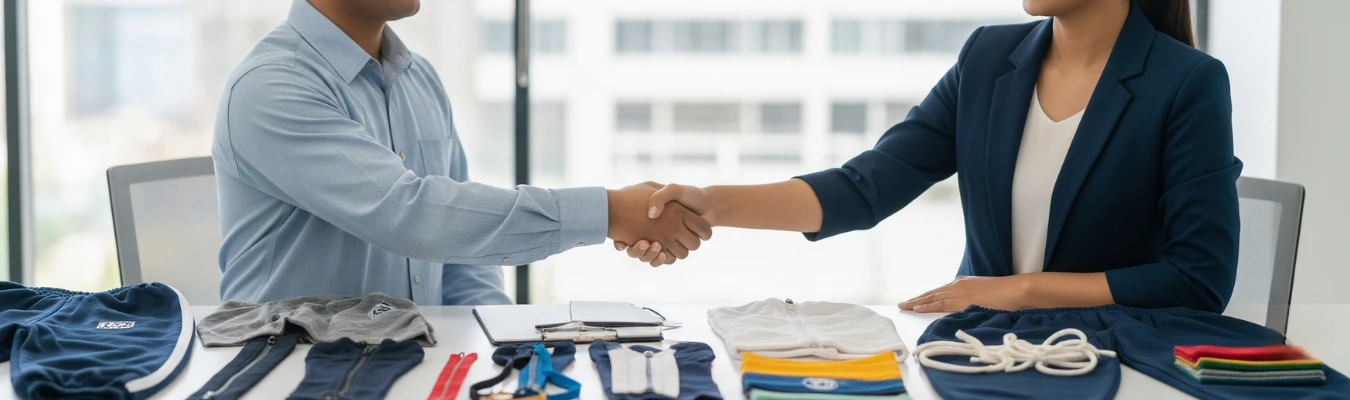 Business handshake over children’s tracksuits samples, trims, and fabrics, representing RYZEAL as a trusted, certified, and people-first apparel manufacturing and sourcing company in Bangladesh.