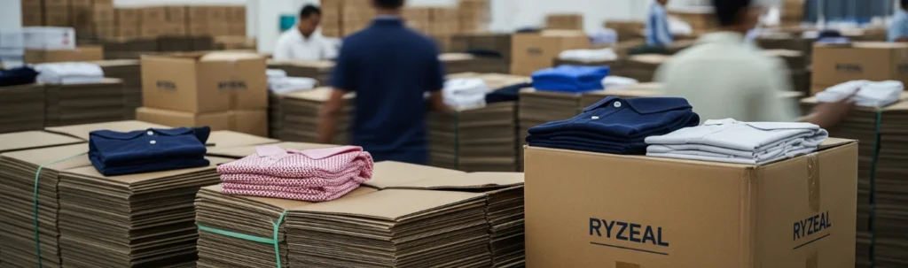 High Quality Polo Shirt Manufacturers company RYZEAL packaging bulk polo shirts into cartons in a certified production facility.