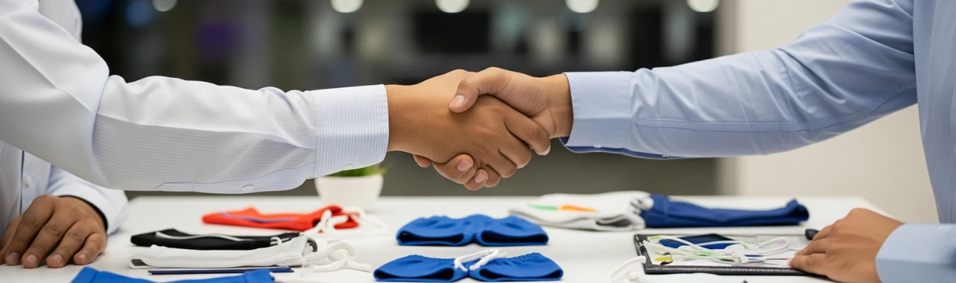 Close-up of a handshake between two professionals over kids’ activewear samples, symbolizing trust and partnership in wholesale apparel sourcing.