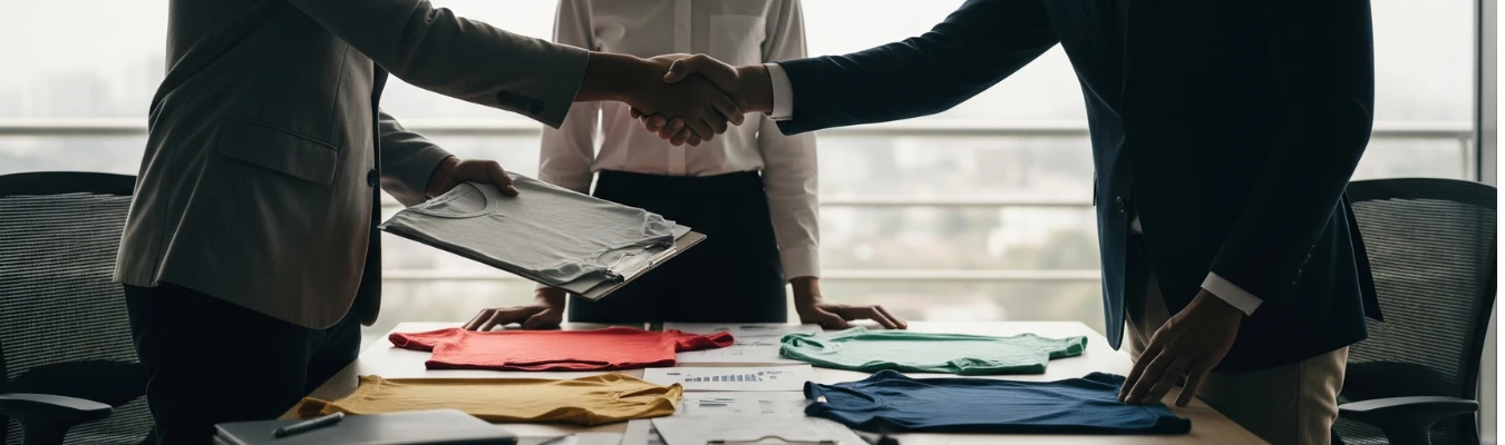 Business professionals shaking hands over kid’s crop top tees samples, symbolizing trust and certification with RYZEAL as Kid’s Crop Top Tees Wholesale Supplier