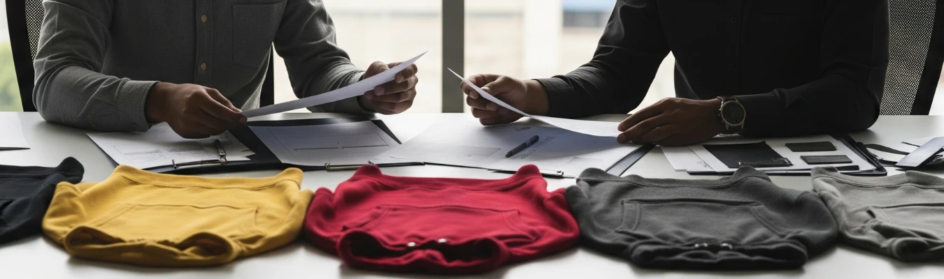 Business meeting with kids hoodies samples in yellow, red, and grey on table, symbolizing partnership with a trusted and certified Kids Hoodies Wholesale Supplier