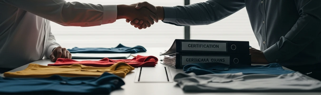Handshake over kids polo shirt samples and certification files, representing RYZEAL as a trusted Kids Polo Shirts Manufacturer in Bangladesh