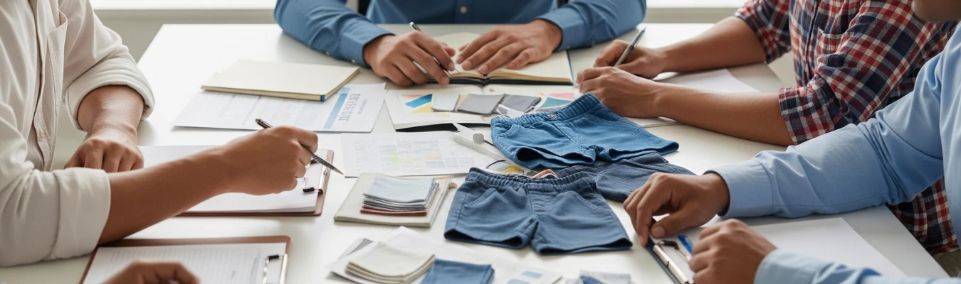 Team of professionals reviewing fabric swatches and kids’ shorts samples during a sourcing meeting at a wholesale supplier company.
