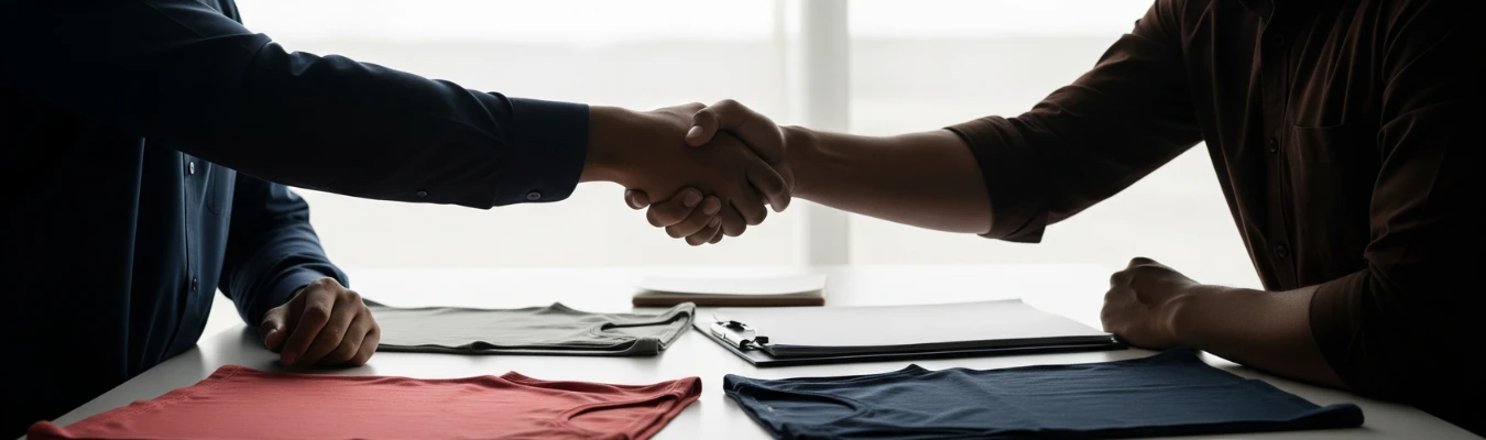 Handshake over kids tank tops in red, grey, and navy, representing trusted and certified Kid’s Tank Top Wholesale Supplier partnership