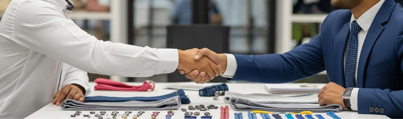 Two business professionals shaking hands over a table with kids’ trousers, fabric swatches, and trims, symbolizing trusted and certified partnerships with RYZEAL as a people-first kids’ trousers manufacturer.