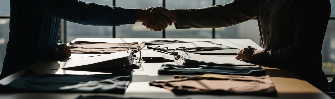 Two business professionals shaking hands over kids yoga clothing samples, representing RYZEAL as trusted Kid’s Yoga Clothing Manufacturers