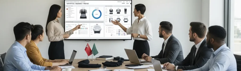 RYZEAL SOURCING team presenting activewear market trends and apparel designs in a professional meeting, emphasizing trust, certification, and people-first approach in ladies activewear apparel manufacturing.