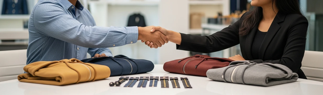 Handshake between business partners with folded luxury hoodies and zipper samples on table, symbolizing RYZEAL as a trusted certified hoodie manufacturer.