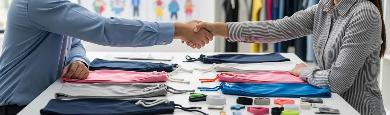 Handshake over kids’ sweatpants samples and trims on a table, representing RYZEAL as a trusted, certified, and people-first apparel manufacturing and sourcing company in Bangladesh.
