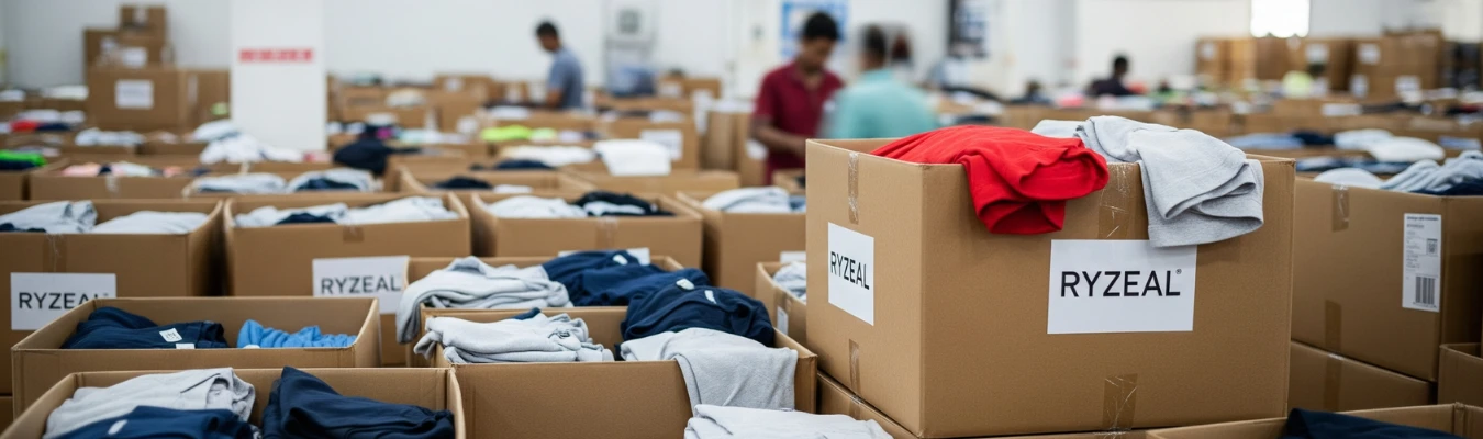 Warehouse scene with stacks of cartons labeled RYZEAL, filled with folded T-shirts in various colors, representing RYZEAL as a trusted and certified T-shirt garment manufacturer company.
