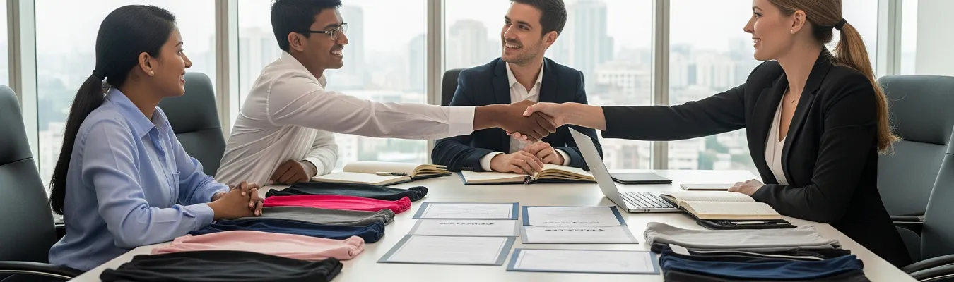 RYZEAL team shaking hands with international buyers during a tracksuit sourcing meeting, fabric samples displayed on table.