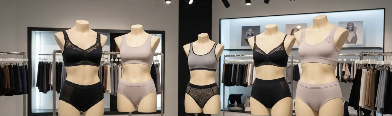 Mannequins dressed in wholesale briefs for women and matching tops in a showroom, representing RYZEAL as a trusted, certified, and people-first apparel manufacturing and sourcing company in Bangladesh.
