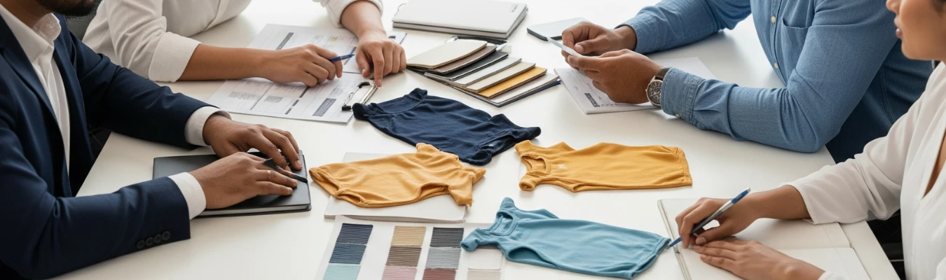 Business meeting with a group of professionals reviewing children’s romper samples in blue, mustard, and teal colors, alongside fabric swatches and documents, highlighting RYZEAL as a trusted and certified wholesale supplier.