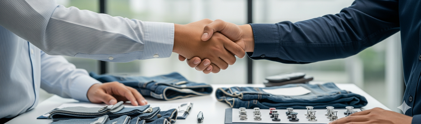 Two business professionals shaking hands over a table with denim jeans fabric swatches, symbolizing trust, certification, and partnership in kids’ denim jeans manufacturing.