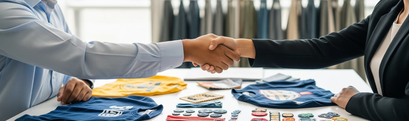 Handshake over kids’ sweatshirt samples, trims, and embroidered patches, representing RYZEAL as a trusted, certified, and people-first wholesale kids’ sweatshirts manufacturer in Bangladesh.