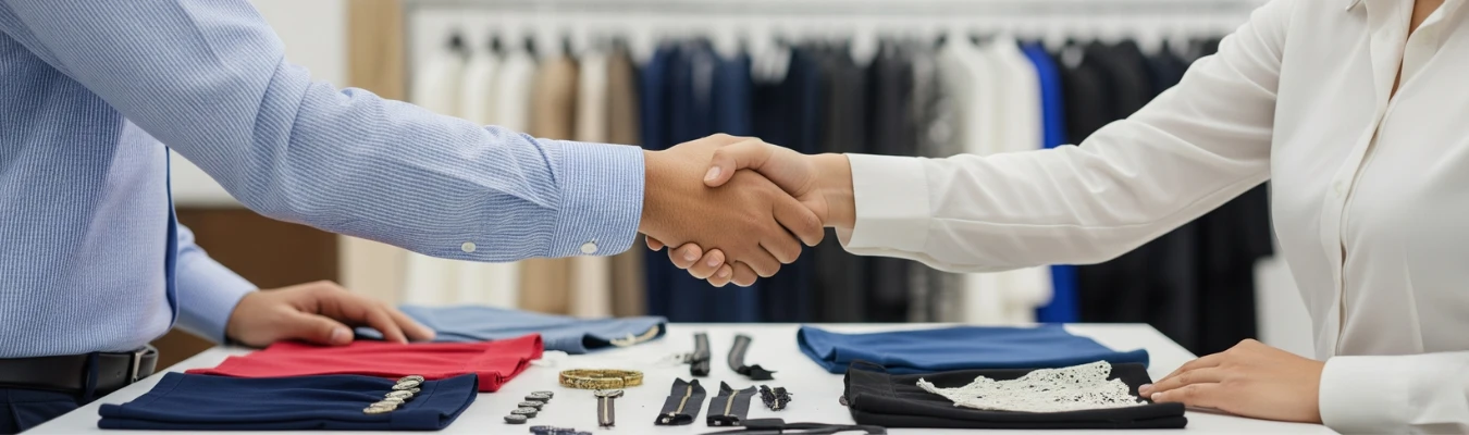 Business handshake over fabric samples, trims, and wholesale skirts for women, representing RYZEAL as a trusted, certified, and people-first apparel manufacturing and sourcing company in Bangladesh.