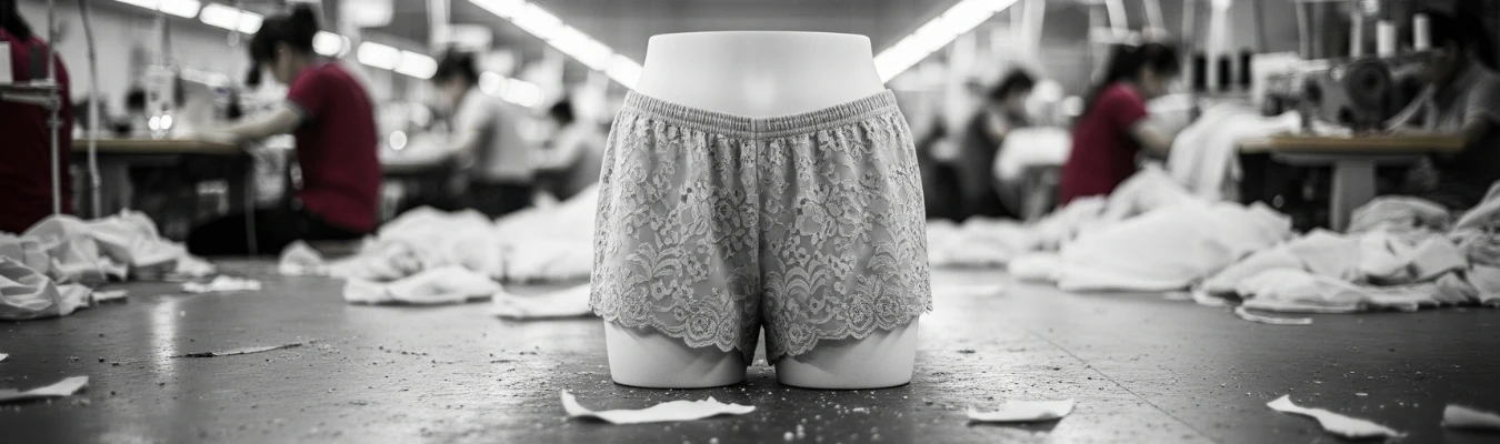 Mannequin wearing lace wholesale women’s shorts in a garment factory with workers in the background, representing RYZEAL as a trusted, certified, and people-first apparel manufacturing and sourcing company in Bangladesh.