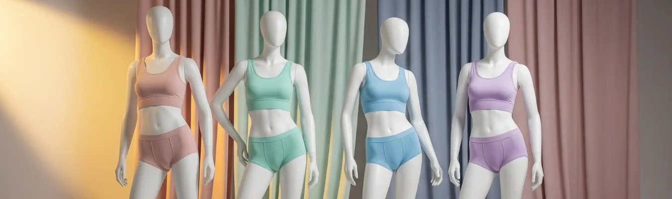 Mannequins wearing colorful boxer briefs and tops, representing RYZEAL as trusted Women’s Boxer Brief Manufacturers in Bangladesh