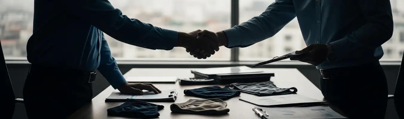 Business partners shaking hands over garment samples, representing RYZEAL as a trusted Women’s Panties Wholesale supplier in Bangladesh