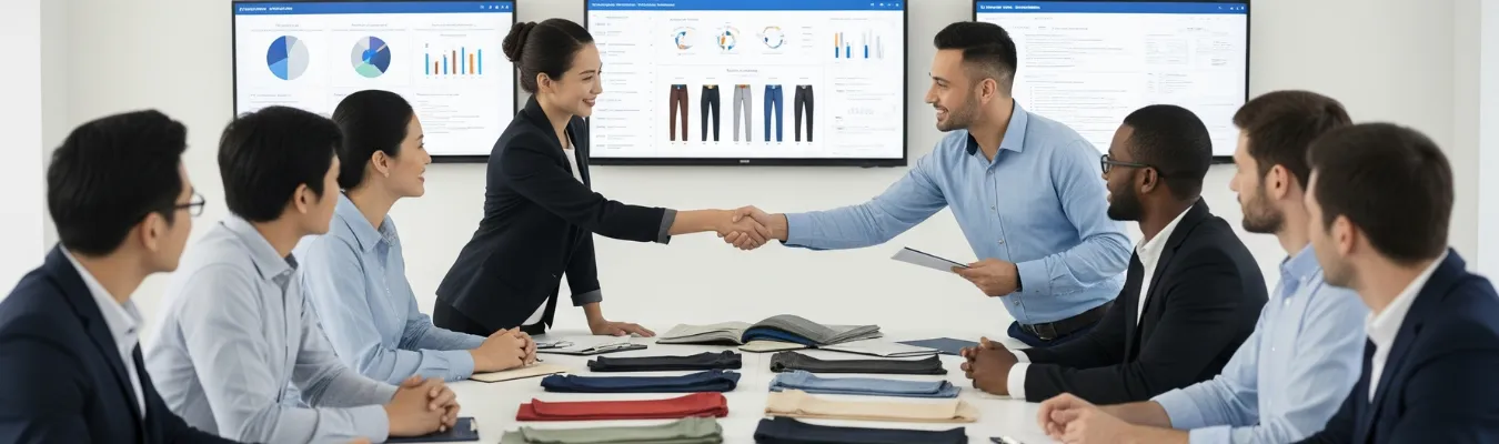 Business meeting with professionals shaking hands over a table displaying women’s trousers samples, representing RYZEAL as a trusted and certified women’s trousers manufacturer.