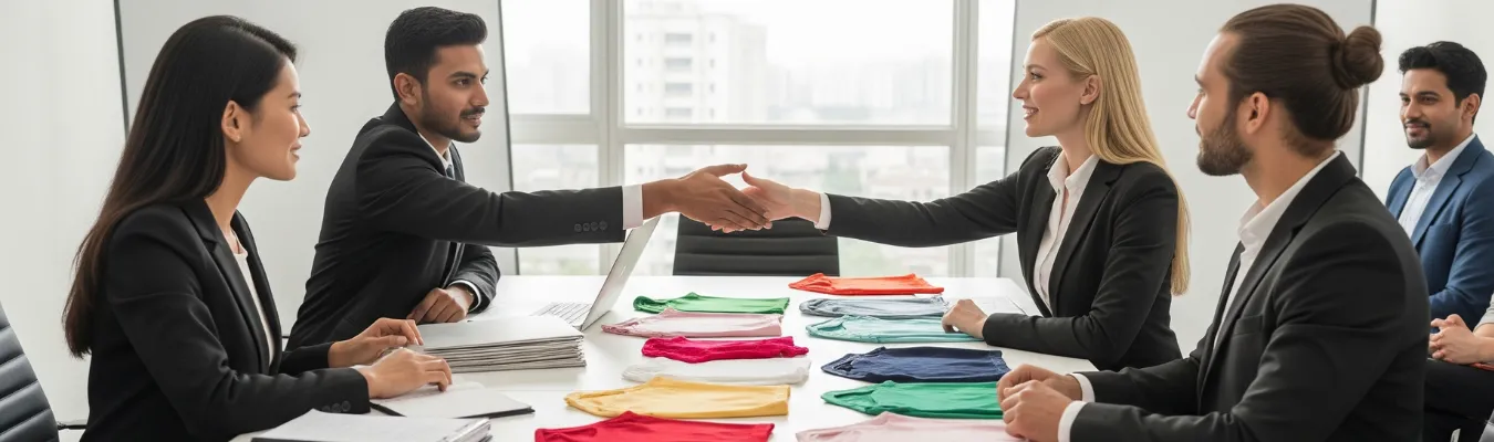 Business professionals shaking hands across a table with colorful fabric samples displayed.