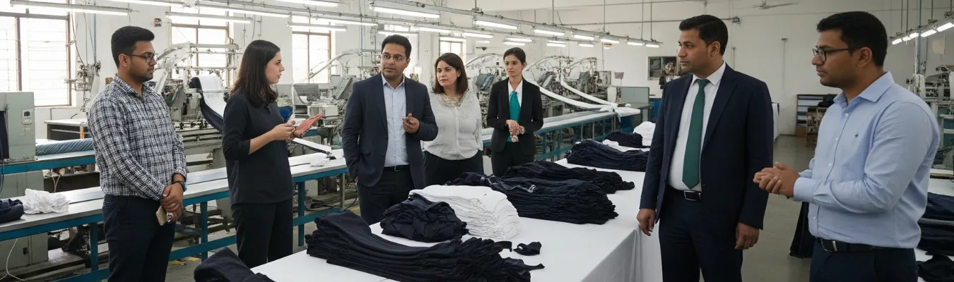 RYZEAL SOURCING team inspecting women’s leggings production during a factory visit, emphasizing trusted, certified, and people-first wholesale supply.