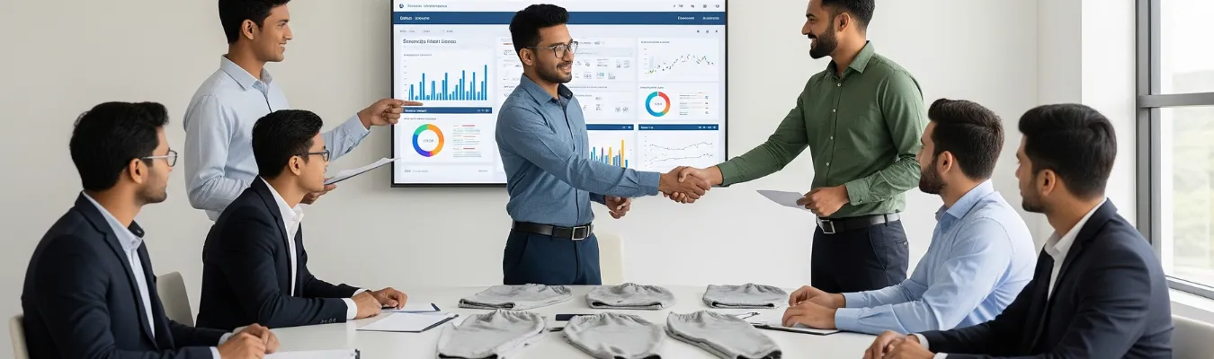 Business meeting with RYZEAL SOURCING team and partners shaking hands, showcasing trust, certification, and people-first values in women’s wholesale sweatpants supply.