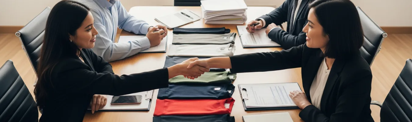 Two women shaking hands across a table with fabric samples, symbolizing trusted partnership with RYZEAL SOURCING as women’s wholesale sweatshirts supplier.