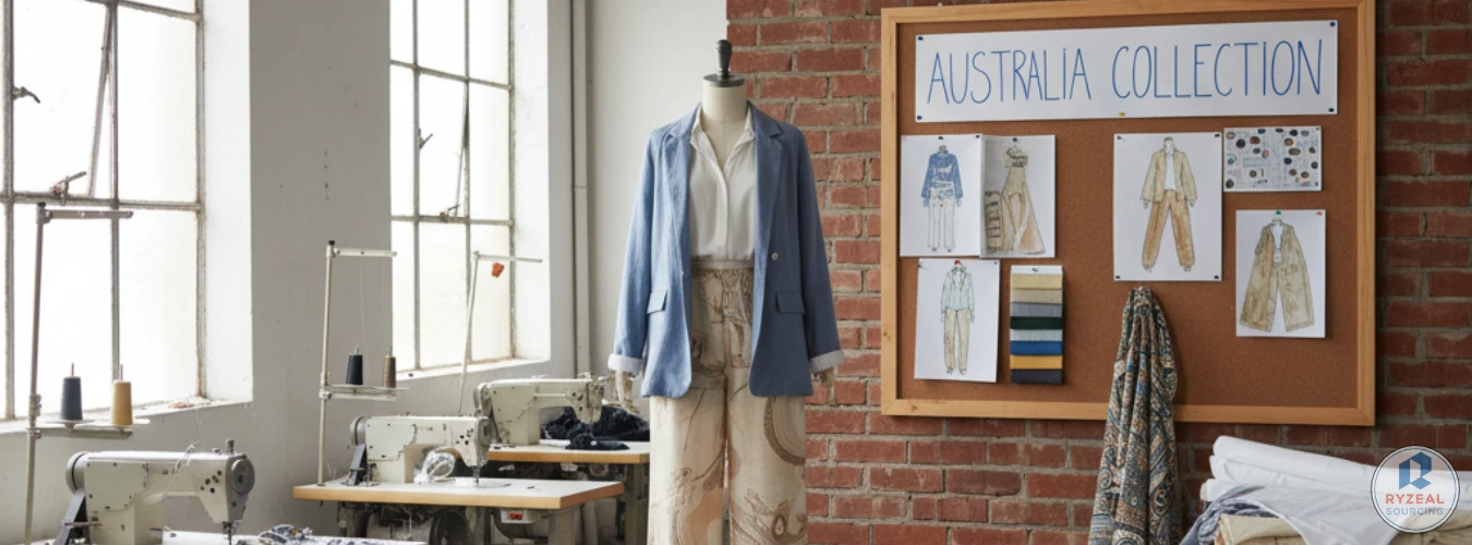 Showroom mannequin styled with jacket and trousers beside sewing machines and design board labeled Australia Collection, representing RYZEAL as a clothing manufacturer in Bangladesh for Australia.