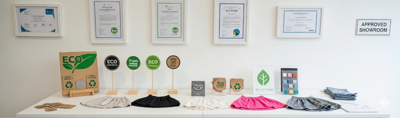 Children’s skirts displayed in a showroom alongside eco-friendly certifications, compliance documents, and sustainability signs emphasizing ethical and quality manufacturing practices.