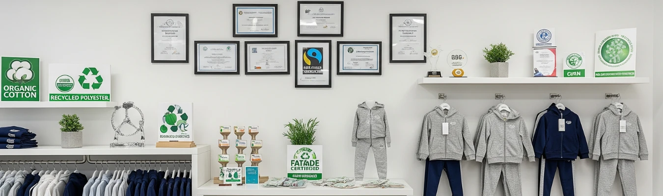 Children’s tracksuits displayed in a certified showroom with organic cotton, recycled polyester, and Fairtrade certifications, showcasing RYZEAL as an apparel manufacturing and sourcing company in Bangladesh with ethical production.