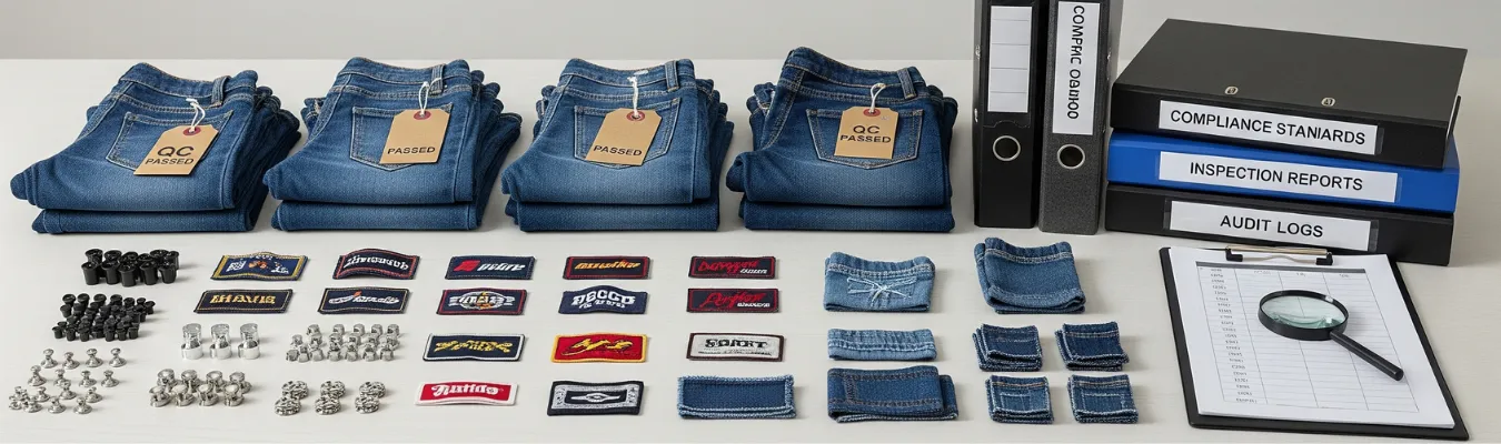 Quality control setup with kids’ denim jeans, trims, labels, and compliance reports at RYZEAL, a trusted denim jeans manufacturer for kids in Bangladesh ensuring ethical production.
