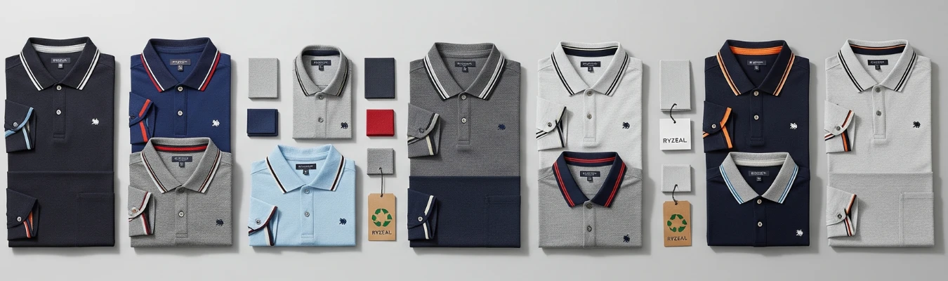High Quality Polo Shirt Manufacturers in Bangladesh showcasing folded men’s polo shirts with collars, trims, buttons, and eco-friendly tags by RYZEAL apparel sourcing company.
