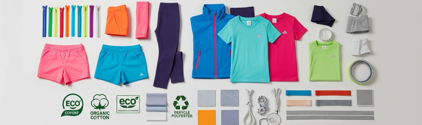 Flat lay of kids’ activewear including shorts, t-shirts, jackets, and eco-certified trims with labels highlighting organic cotton, recycled polyester, and compliance standards for ethical production.