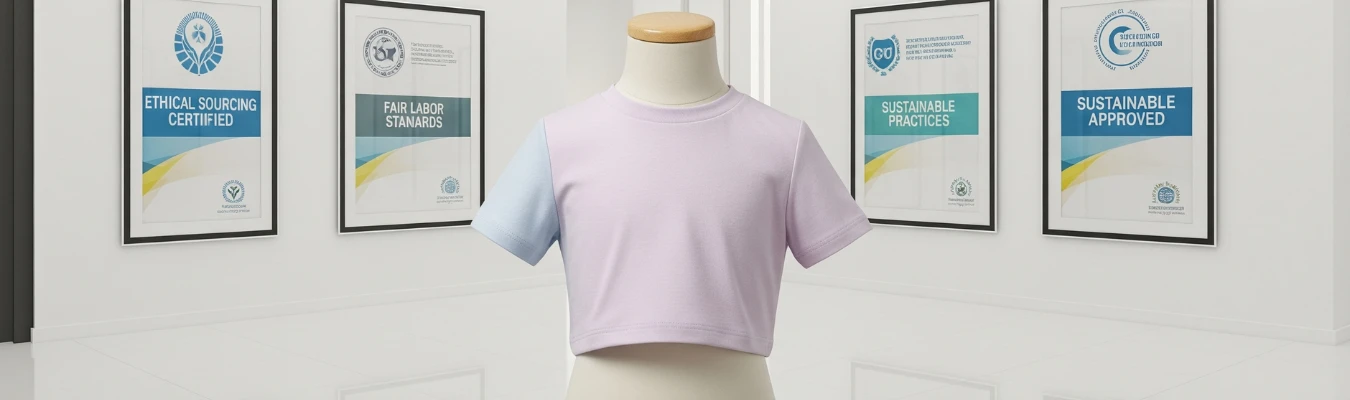 Mannequin wearing pastel kid’s crop top tee with ethical compliance and sustainability certificates, representing RYZEAL as Kid’s Crop Top Tees Wholesale Supplier