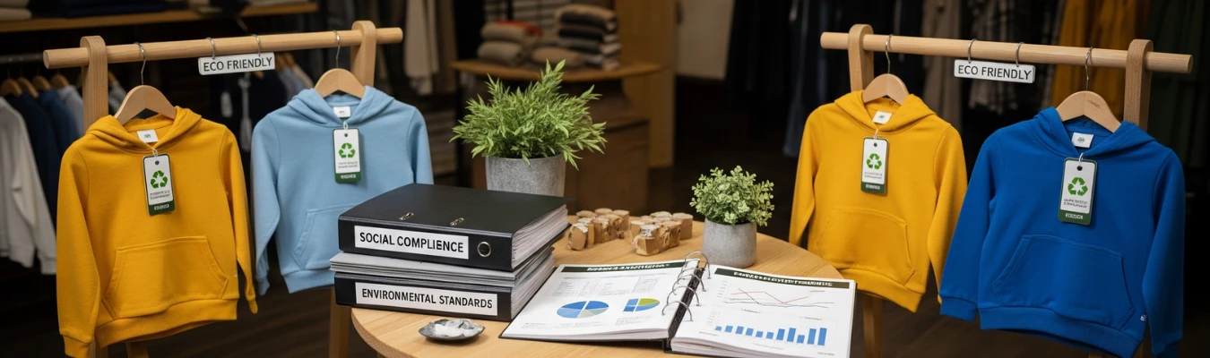 Eco-friendly kids hoodies with compliance binders and sustainability reports, representing RYZEAL’s ethical production as Kids Hoodies Wholesale Supplier in Bangladesh