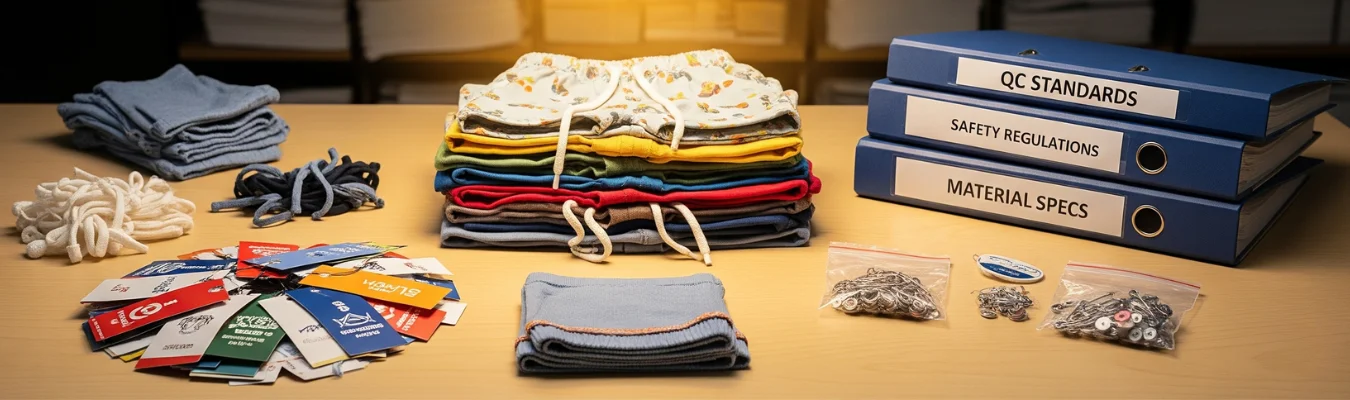 Stacks of kids’ shorts, fabric swatches, hangtags, drawstrings, and trims displayed on a table with binders labeled QC Standards, Safety Regulations, and Material Specs.