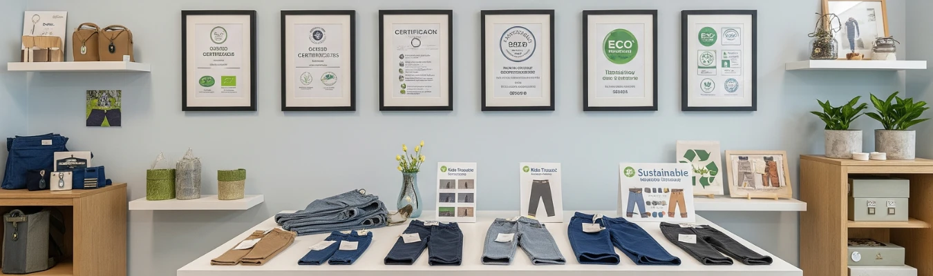 Kids’ trousers displayed with sustainability certifications and framed compliance documents, highlighting RYZEAL as an apparel manufacturing and sourcing company in Bangladesh with ethical production.