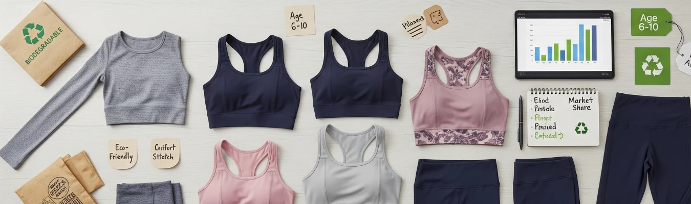 Eco-friendly kid’s yoga clothing sets with certification tags, market share chart, and sustainable packaging