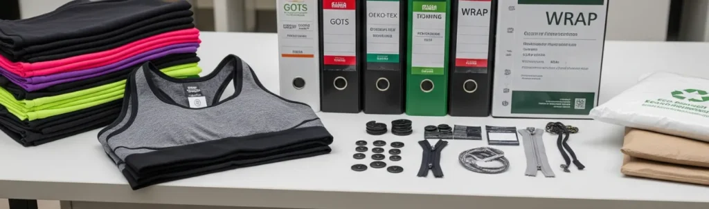 Activewear apparel quality control with certifications, fabric samples, zippers, and accessories displayed by RYZEAL SOURCING, ensuring compliance and ethical production.