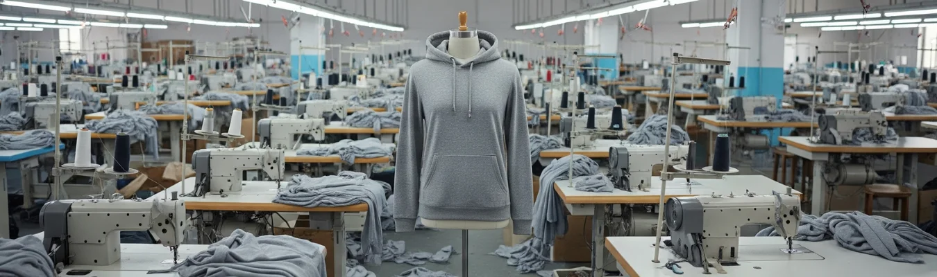 Grey hoodie displayed on a mannequin inside a garment factory with sewing machines, representing luxury hoodie manufacturing and ethical production.