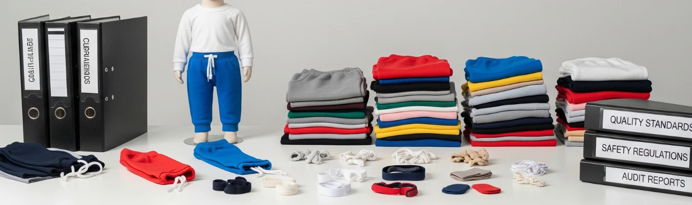 Mannequin wearing kids’ blue sweatpants with stacks of colorful folded sweatpants, trims, and compliance binders, highlighting RYZEAL as an apparel manufacturing and sourcing company in Bangladesh with ethical production.